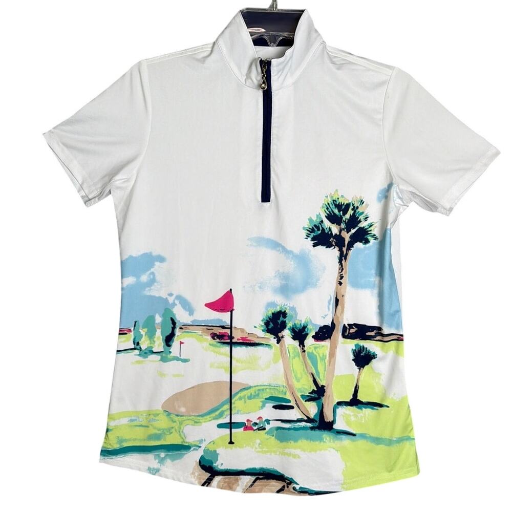San Soleil Women’s Golf Polo Shirt SPF 50 Quarter Zip Palm Print Size S Resort